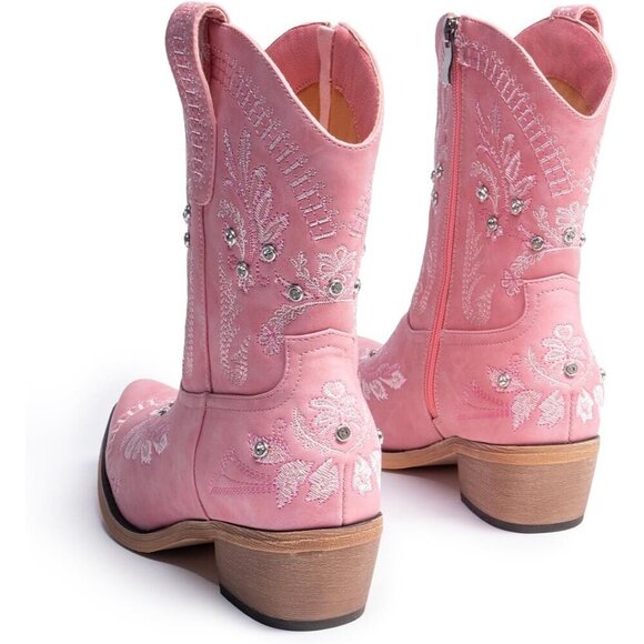 🆕Women Pink Cowgirl with Sparkly Embroidered Rhinestone Western Ankle Boot - Picture 5 of 7